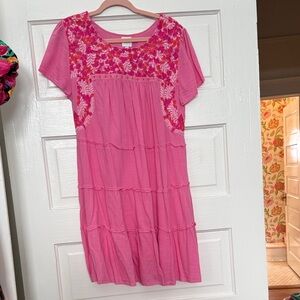 Pink Embroidered Short Sleeve Mini Dress